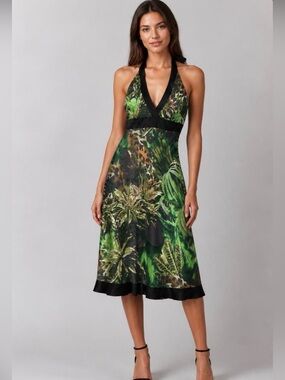 Cache Green Silk Tropical‎ Print Halter Dress Vintage New /o Tags